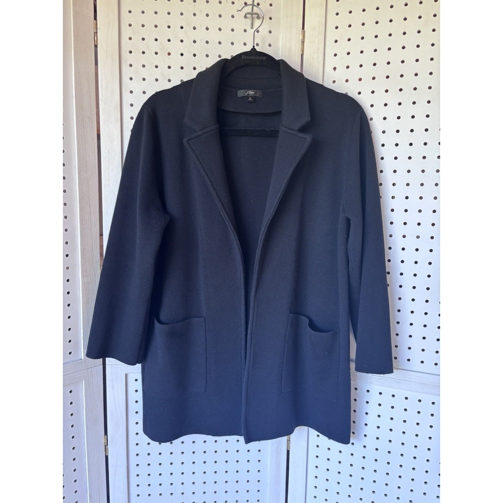 J. Crew Womens Medium Black Merino Wool Blend Open Front Sweater Blazer Jacket